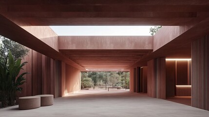 Fototapeta premium Modern Minimalist Architecture Corridor Design with Natural Light and Red Walls