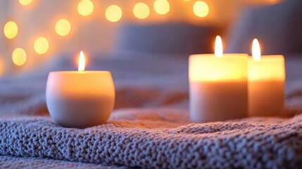 Cozy candles on knit blanket, warm lights background, relaxing bedtime scene, ideal for home d?cor websites