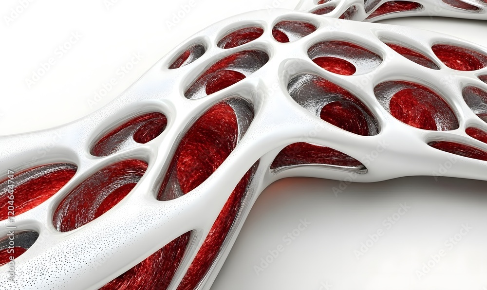 Fototapete abstract 3d rendering of a white and red organic structure.