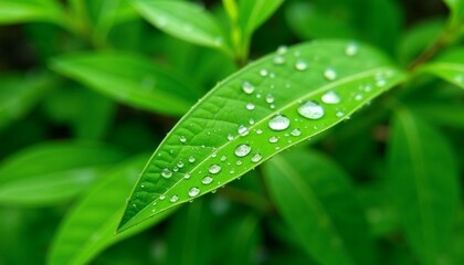 Bright green leaf with dewdrops after rain