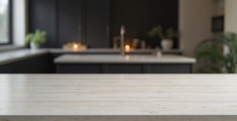 Elegant pale wooden table with matte finish, sharp focus in a monochrome kitchen, soft lighting enhances textures.