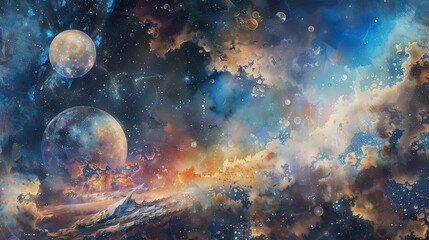 Fototapeta premium The image is a beautiful depiction of a distant planet. The planet is surrounded by a colorful nebula and there are two moons in the background.