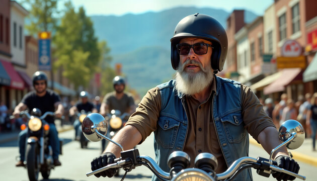 Group of motorcyclists take part in Sturgis history tour. Senior rider with vintage motorcycle leading tour. Vintage bikes on city street. Guides, vintage bikes featured. Photo captures nostalgic