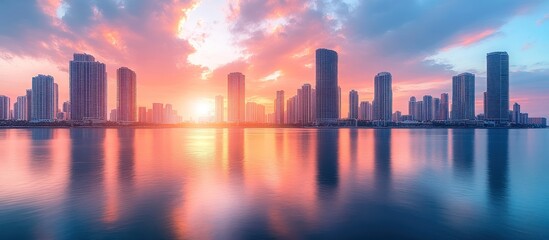 Fototapeta premium Vibrant sunset over calm waters reflecting city skyline.
