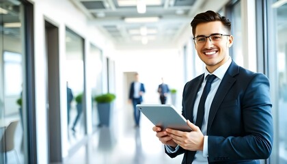 Confident young professional dressed smartly, smiling and holding a tablet, standing in a modern office hallway with natural lighting, representing leadership and innovation in a business environment