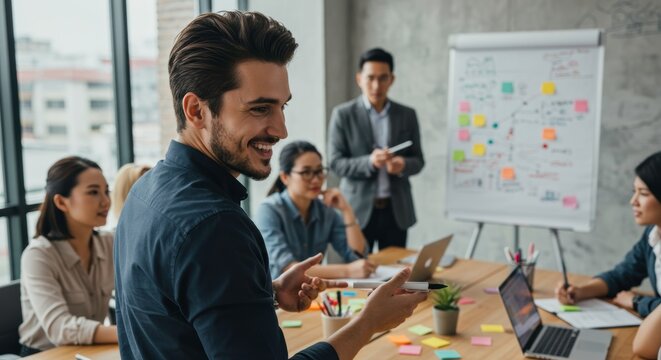 Modern Office Meeting: A diverse team collaborates during a productive meeting, using technology and sticky notes for brainstorming.  The atmosphere is positive and engaging. 