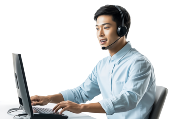 Smiling Asian Male Customer Service Representative Working At Computer With Headset