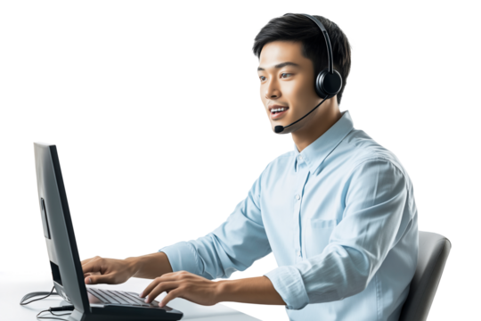 Smiling Asian Male Customer Service Representative Working At Computer With Headset