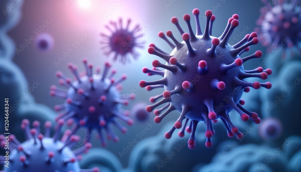 Poster Closeup view of multiple viruses. Pathogens float in air. Focus on viruses shape, structure. Scientific illustration details of viruses. Medical research public health concepts. Microbiology
