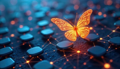 Futuristic butterfly flies over network of linked digital blocks. Metaverse concept. Holographic butterfly. NFT, blockchain technology. Abstract, innovative design. Dynamic graphic. New tech