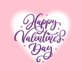 Happy Valentines Day typography card with cute white heart in background. Cute hand drawn calligraphy text composition design for Valentines Day.