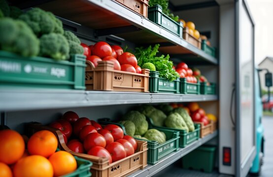 Refrigerated truck loading perishable goods. Fresh produce like tomatoes oranges, broccoli loaded into plastic containers. Cold chain logistics in action for food safety, precision. Transportation