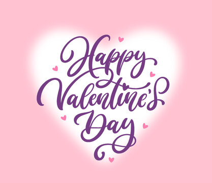Happy Valentines Day typography card with cute white heart in background. Cute hand drawn calligraphy text composition design for Valentines Day.
