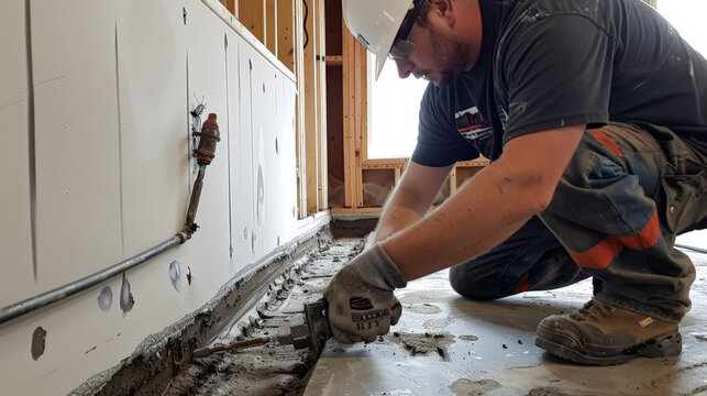 construction worker applying sealant to foundation crack in building
