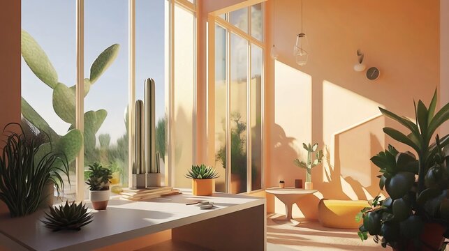 Sunlit Minimalist Room Interior Design with Plants and Cactus