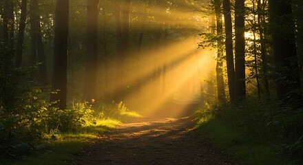 Fototapeta premium Serene forest path illuminated by warm golden sunlight filtering through trees, concept for nature escape, outdoor adventure and peaceful atmosphere