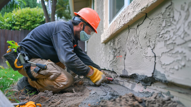Worker sealing foundation cracks with safety gear and tools
