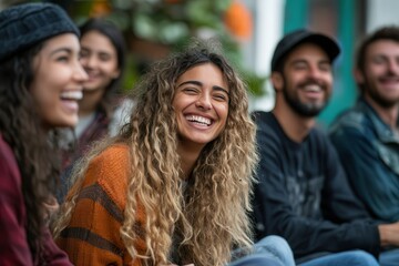 Fototapeta premium Community Gathering Brings Laughter and Joy Among Diverse Friends Outdoors on a Sunny Day. Generative AI