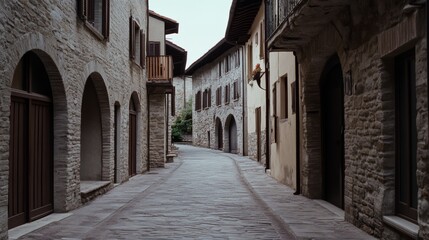 Fototapeta premium A quiet, cobblestone street lined with stone archways and rustic buildings, evoking a sense of Old World charm and nostalgia.