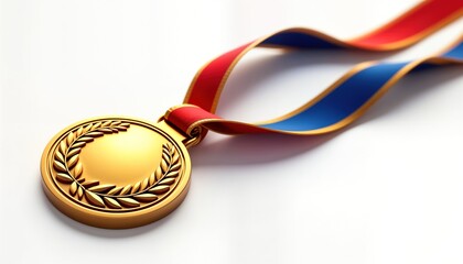Golden medal with red, blue ribbon isolated on white background. Award symbol of success, achievement. Three-dimensional design highlights prize. Suitable for sports competitions, academic