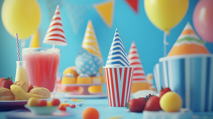Fototapeta premium A vibrant birthday party scene with colorful drinks, pastries, balloons, party hats, and fresh fruit. Perfect for celebrations and festive occasions.
