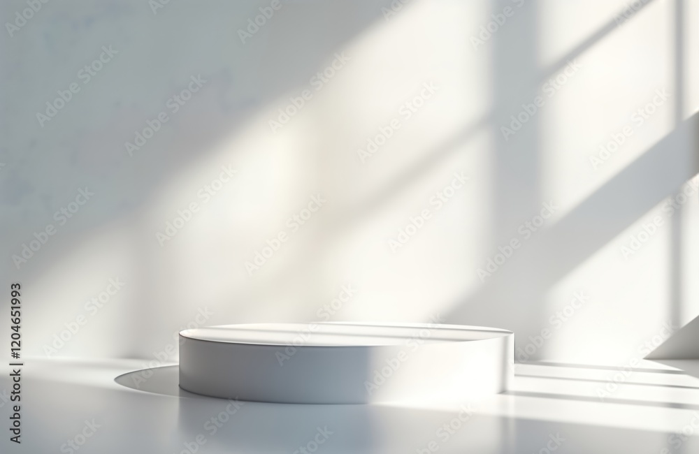 Poster empty white podium for product presentation. modern, minimal design. soft shadows from windows creat