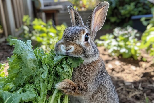 Fluffy Rabbit Enjoys Fresh Greens in a Sunny Garden Surrounded by Vibrant Plants. Generative AI