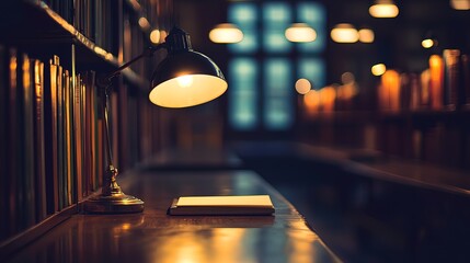A dimly lit library desk with an open notebook, lamp, and bookshelves.
