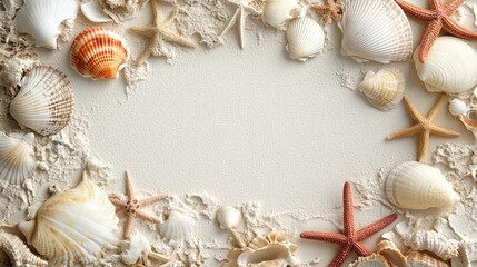 A sandy canvas filled with seashells and starfish, reminiscent of a tranquil day spent by the sea.