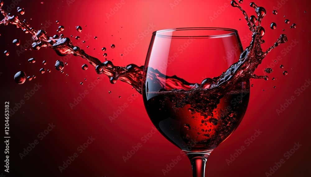 Poster red wine splash close-up in glass. liquor drink with dynamic splash, droplets. red background. macro