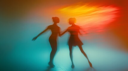 Two dancers move with fluidity and grace, enveloped in vivid colors that blur into a dynamic,...