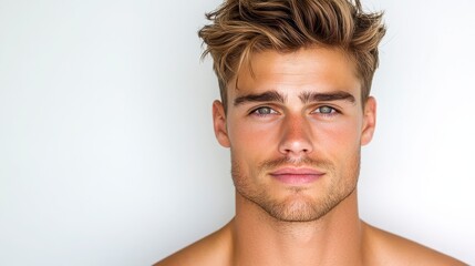 Obraz premium Young Man with Stylish Hair and Confident Expression Against Wall