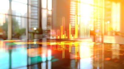 Abstract financial data graph displayed on a digital screen in a modern office setting with blurred background.