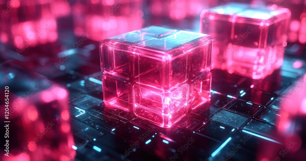 Aufkleber futuristic abstract geometric shapes with neon lights on dark background 3d render