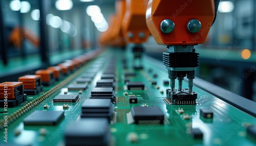 Leinwandbilder advanced robotic arms precisely place components onto circuit board in modern factory. high-tech aut