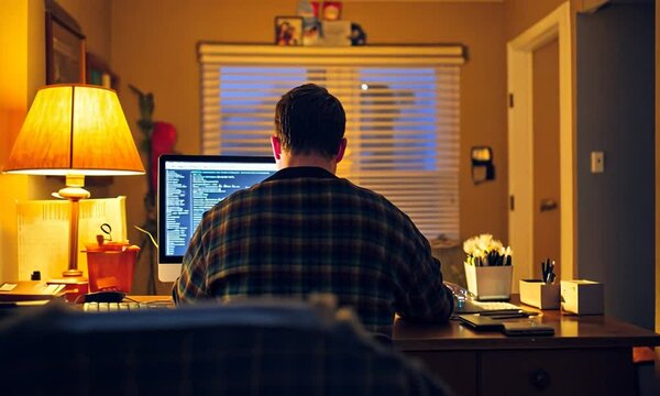A person working at a desk with a computer, surrounded by warm lighting and personal items.