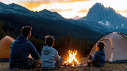 Fototapeta premium Father and his two young sons sit by a glowing campfire at a mountain campsite during sunset.
