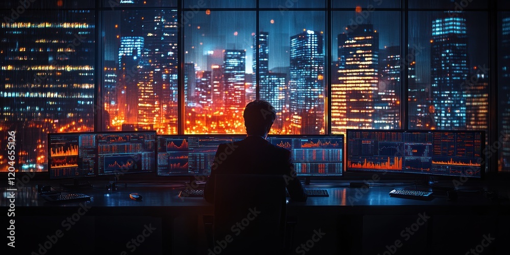 Poster Trader Analyzing Financial Data Graphs on Computer Monitors at Night in Modern Office