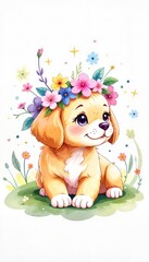 Fototapeta premium Cute puppy wearing flower crown sitting on green grass