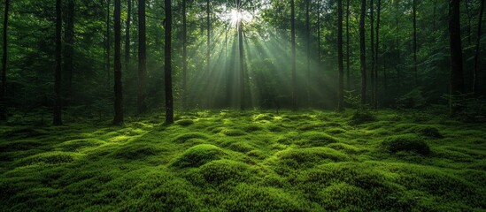 Obraz premium Sunbeams in the Emerald Forest: A Mystical Woodland Scene
