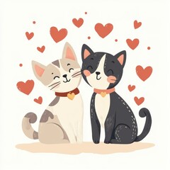 Fototapeta premium Cute dog and cat with red heart for Valentine’s Day greeting card design