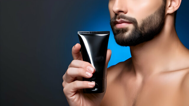 Hand holding a blank black tube, perfect for men's body cream or skincare product mockups.