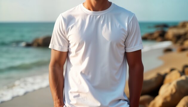 Man wears white blank t-shirt outdoors on beach. Gentle waves on beach background. Summer casual attire. Relaxed pose. Ideal for apparel design template fashion photoshoots. Vacation mood. Ocean