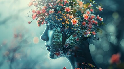 Woman Blossoming With Nature And Spring Flowers