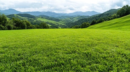 Lush green meadow, rolling hills, mountain backdrop, scenic landscape, ideal for travel brochures