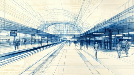 Obraz premium Train station blueprint sketch urban environment architectural design perspective view
