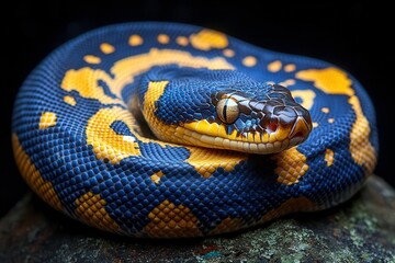 Fototapeta premium Exotic Snake Coiled on Rock With Striking Patterns and Vibrant Colors. Generative AI