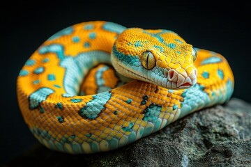 Fototapeta premium Exotic Snake Coiling Gracefully on Rock, Displaying Vibrant Colors and Intricate Patterns. Generative AI