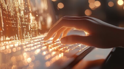 Close-up of hand typing on laptop with glowing data visualization on screen.