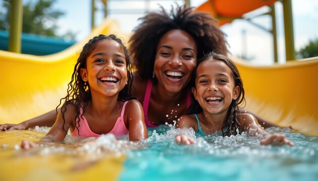 Happy Black mother, two daughters enjoy water slide at water park. Family smiles, splashes in water. Summer vacation fun. Active, cheerful family outing on sunny day. Bonding, playful moments.